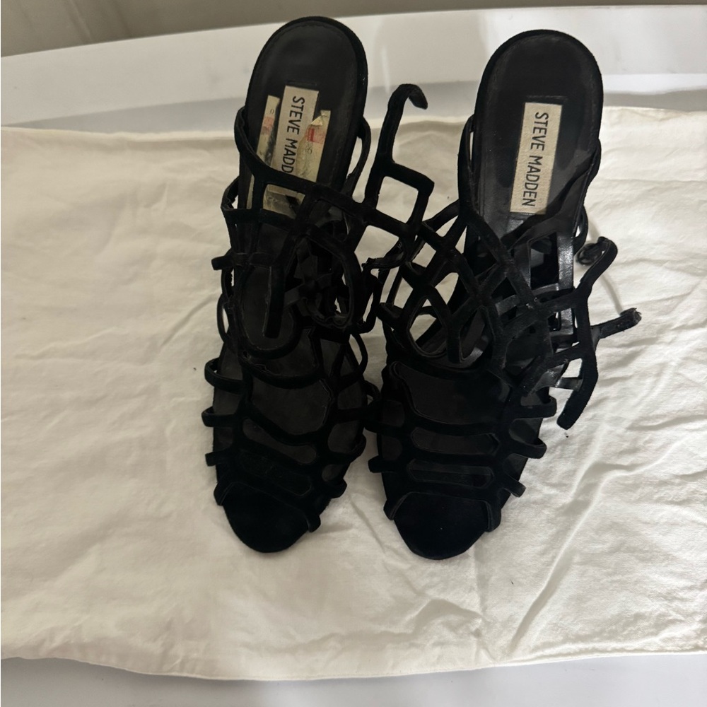 Black Strappy Heels with High Heel and Intricate Design